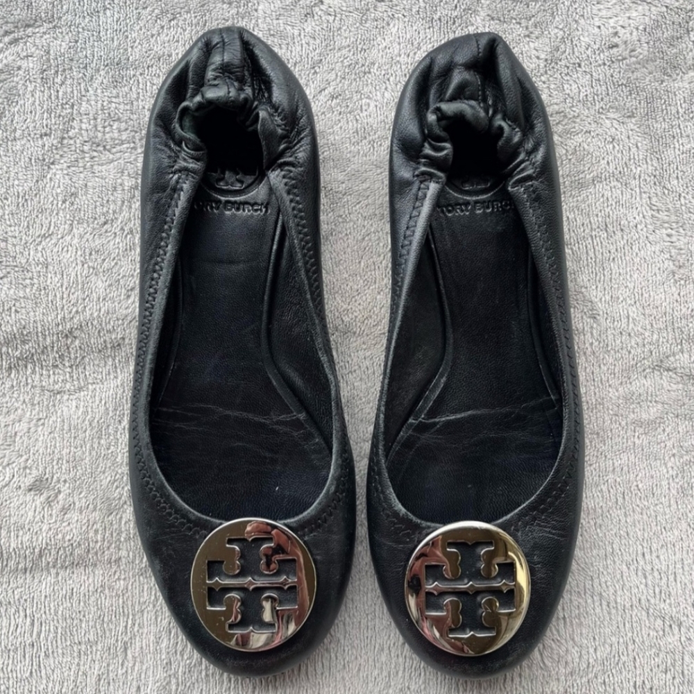 Tory Burch Black & Goldtone Minnie Leather Ballet Flats
